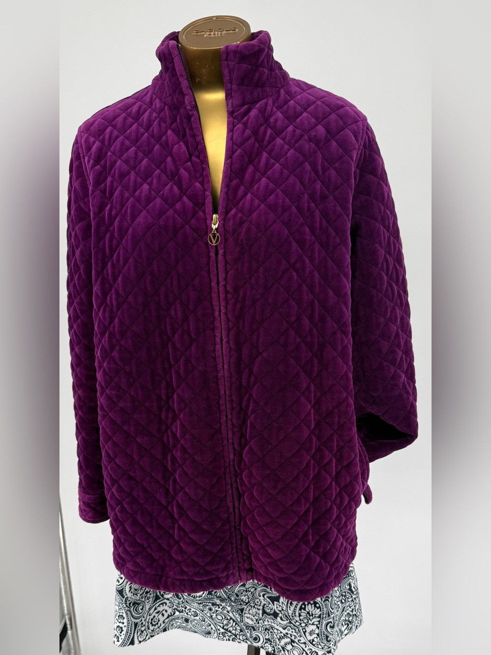 Joan Vass Quilted Zip-Front Jacket in Rich Purple Velvet Size Large.